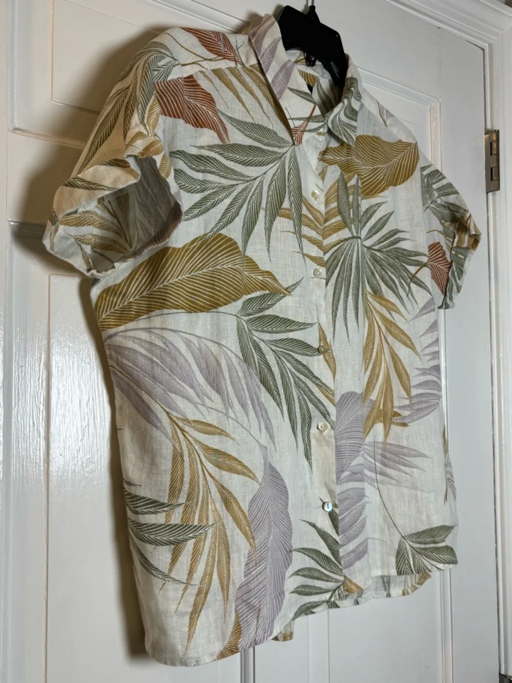 Tahari Casual Short-Sleeve Linen Button-Down Shirt Green Leaf Print Women’s M - Picture 2 of 4